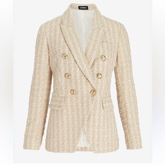 Express Cream Gold Metallic Double Breasted Tweed Blazer | S - Picture 1 of 11